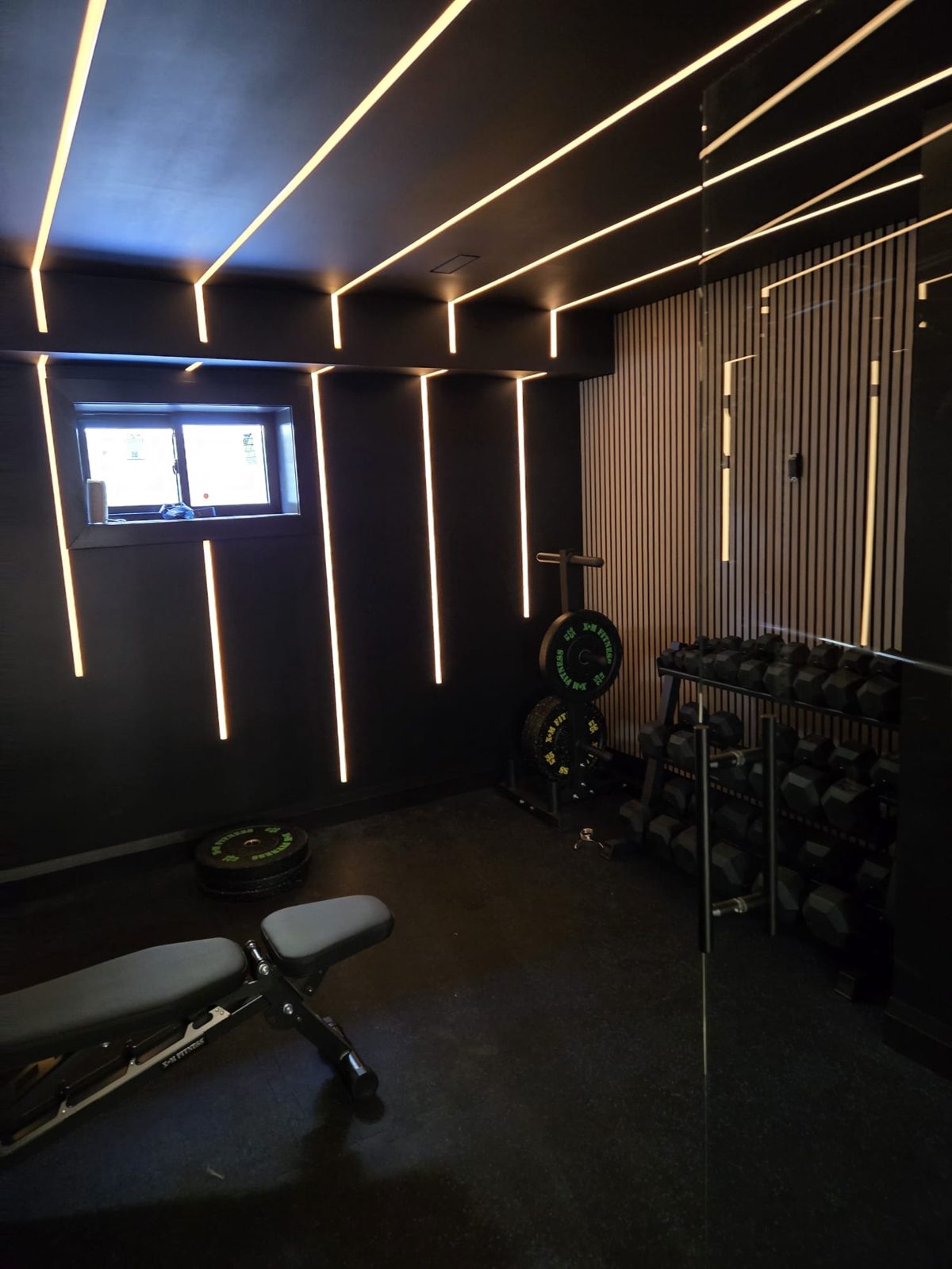 Home gym with recessed linear lighting across the ceiling, by HausPower