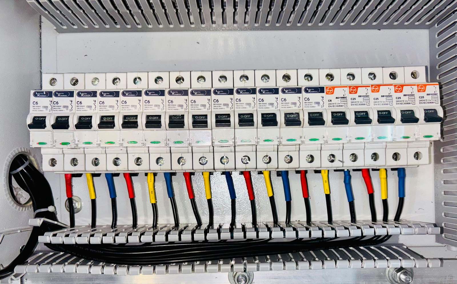 Organized breaker panel with colour-coded wiring